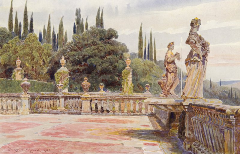 Italialaiset puutarhat: Villa Palmieri, Flora ja Pomona (värilitro). tekijältä George Samuel Elgood