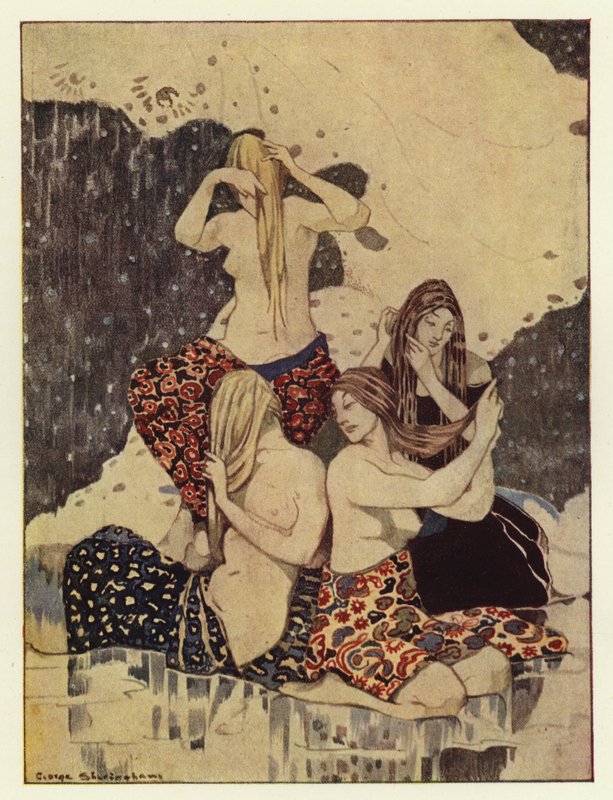 Hän näki neljä kaunista neitoa istumassa jäällä ja punomassa hiuksiaan (väri litho) tekijältä George Sheringham