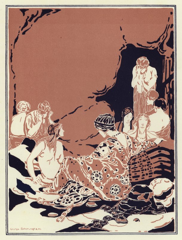 Monet naiset istuivat ympyrässä, kaikki surullisia ja itkivät (värilitho) tekijältä George Sheringham