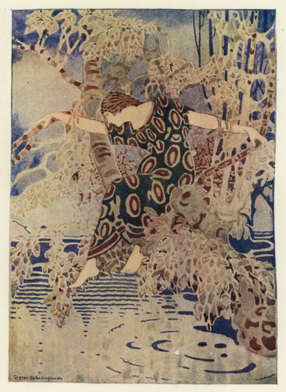 Hän kiipesi puuhun, joka ulottui veden yli (väri litho) tekijältä George Sheringham