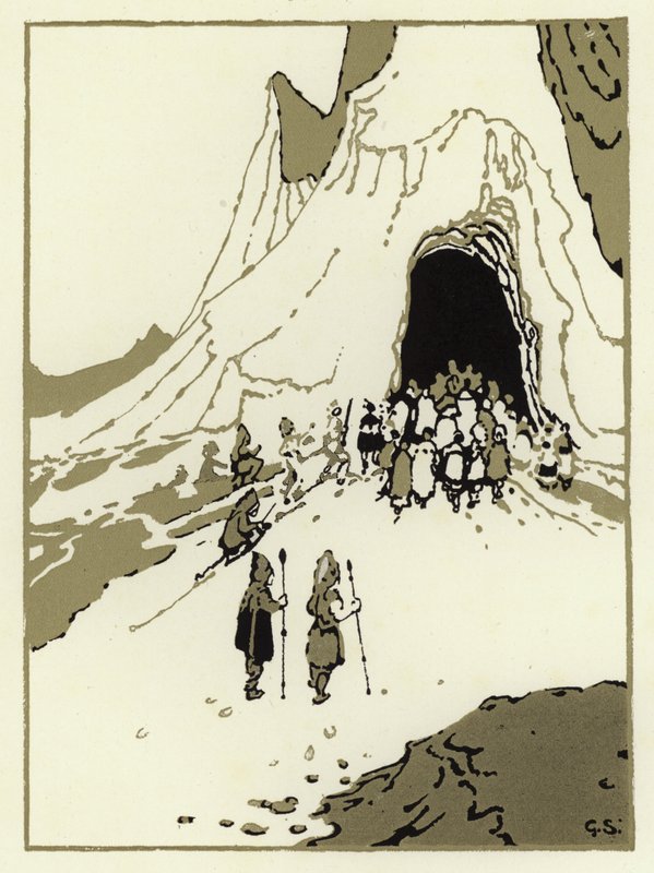 Ihmiset lähtivät etsimään jättiläisiä, ja pian he saapuivat luolaansa (väri litho) tekijältä George Sheringham
