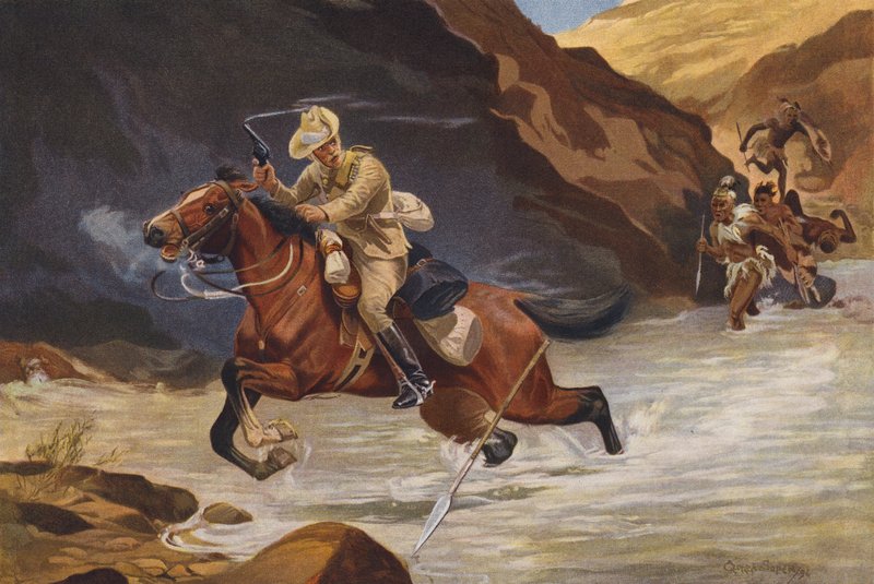 Lähetä ratsastaja, jota afrikkalaiset soturit hyökkäävät (värilitho) tekijältä George Soper