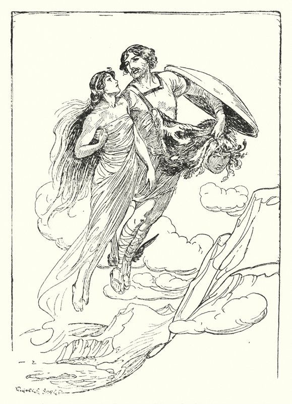 Perseus: "Perseus nosti kauniin Andromedan syliinsä ja pakeni tämän kanssa kallion huipulle" (litho) tekijältä George Soper