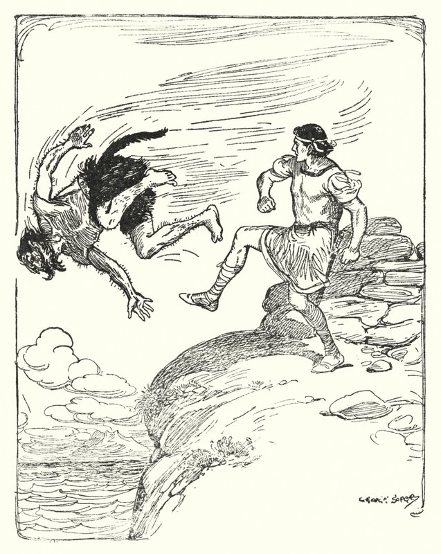 Theseus: "Hän potkaisi hänet kallion yli mereen" (litho) tekijältä George Soper