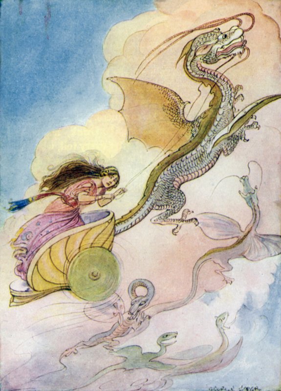 Theseus: "Medeia kutsui lohikäärmevaunuaan" (väri litho) tekijältä George Soper