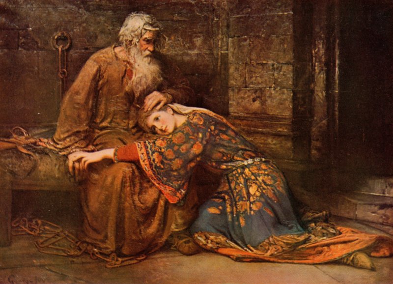 Shakespeare: Cordelia lohduttaa kuningas Learia vankilassa, Kuningas Lear, V näytös, kohtaus 3 (värilitho) tekijältä George William (after) Joy