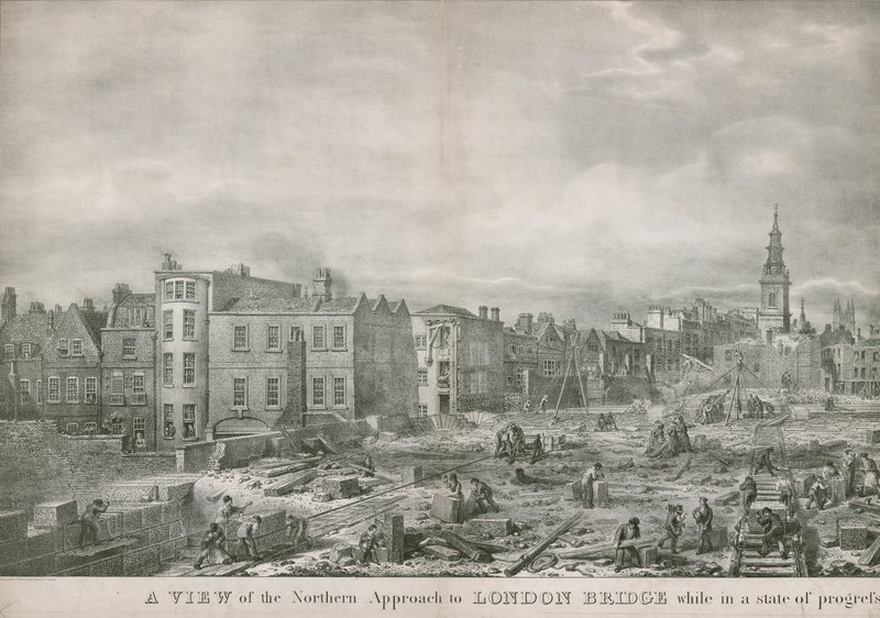Näkymä London Bridgen pohjoisesta lähestymisestä edistymistilassa tekijältä George the Elder Scharf