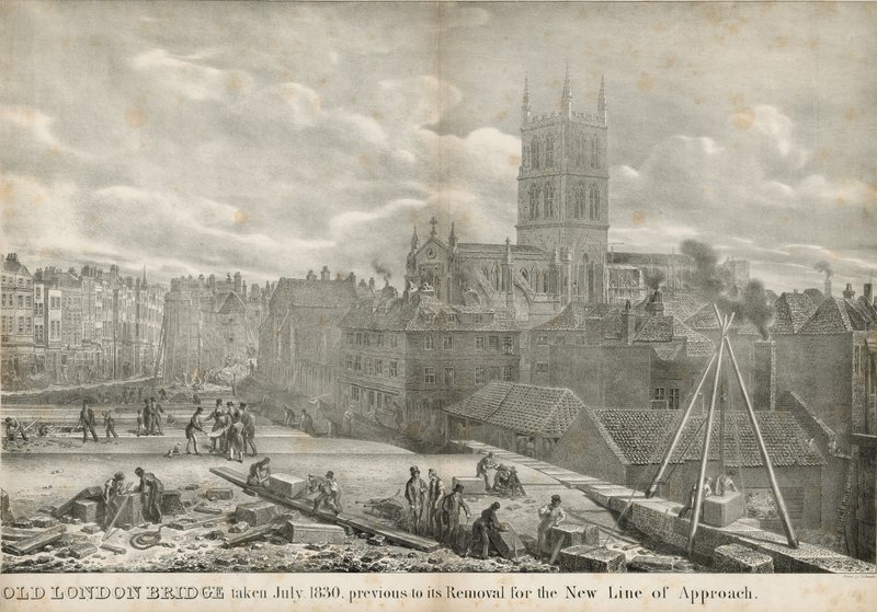 Old London Bridge otettu heinäkuussa 1830, ennen sen poistamista uutta lähestymislinjaa varten tekijältä George the Elder Scharf