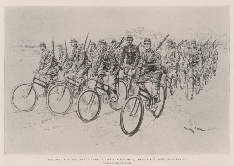 Polkupyörä Ranskan armeijassa, 150 miehen pyöräilijäjoukko Longchamps Reviewissa tekijältä Georges Bertin Scott