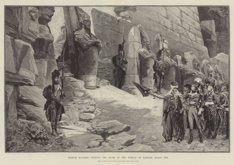 Ranskalaiset sotilaat vierailemassa Karnakin temppelin raunioilla Egyptissä, 1798 tekijältä Georges Clairin