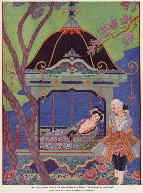 Kiinan prinsessa makaamassa paviljongissa (värinen lito) tekijältä Georges Barbier