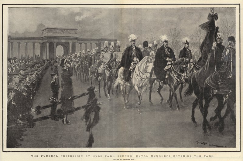 Hautajaiskulkue Hyde Park Cornerissa, Royal Mourners saapumassa puistoon tekijältä Georges Bertin Scott