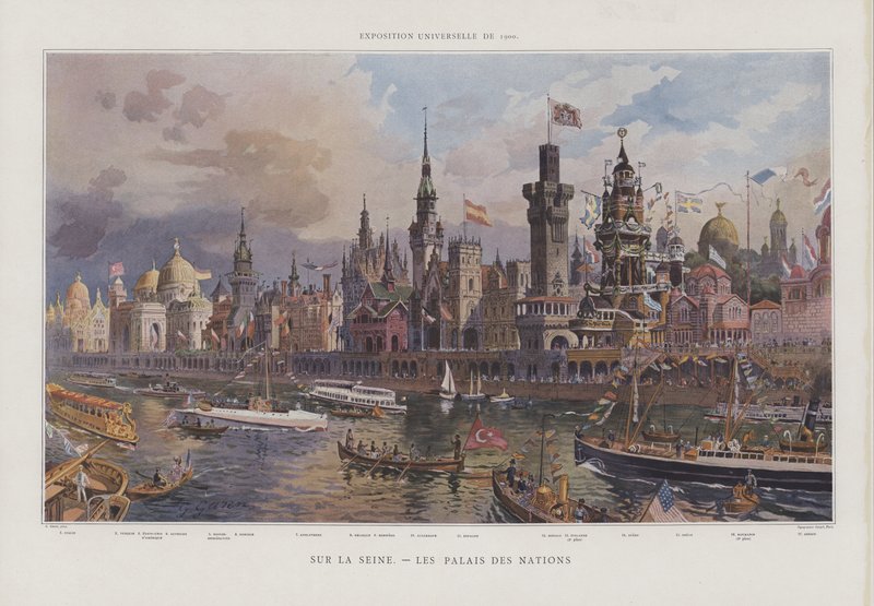 Vieraiden kansojen paviljongit Seinen rannalla Exposition Universelle 1900 -näyttelyssä Pariisissa tekijältä Georges Felix Garen