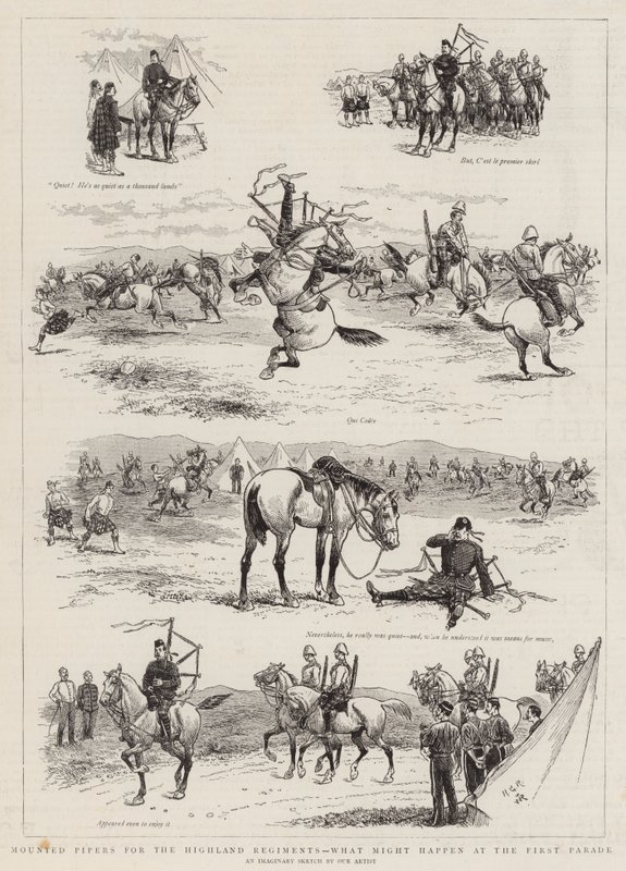 Mounted Pipers for Highland rykmentit, mitä voi tapahtua ensimmäisessä paraatissa tekijältä Georges Ferdinand Bigot