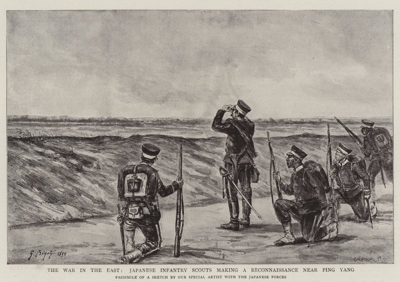 Sota idässä, japanilaiset jalkaväkipartiolaiset tiedustelussa lähellä Ping Yangia tekijältä Georges Ferdinand Bigot