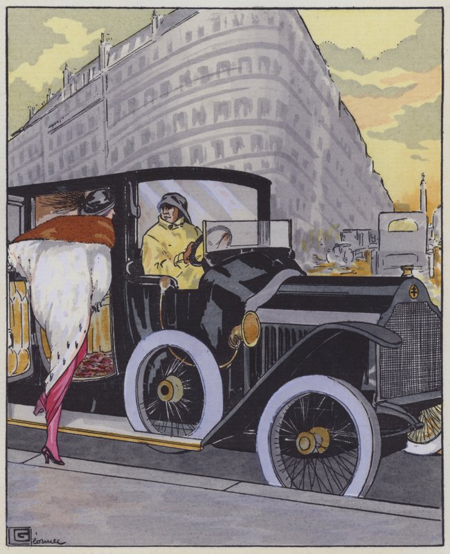 Naisten muotia 1910-luvulta ja Lorraine-Dietrich-auto. (väri litho) tekijältä Georges Leonnec