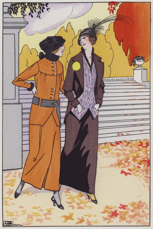 Suunnittelija Augusta Bernardin naisten muotia 1920-luvulta (värilitho) tekijältä Georges Leonnec
