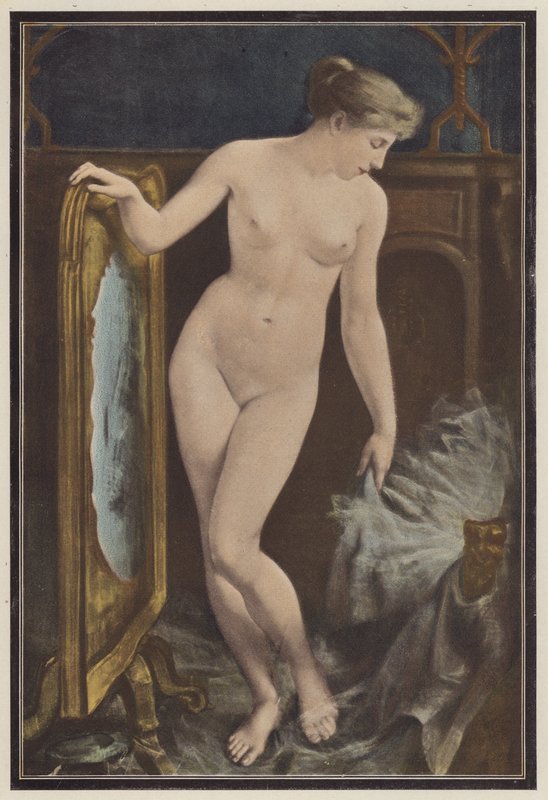 Nainen harkitsemassa päähinettä (väri litho) tekijältä Georges Roussin