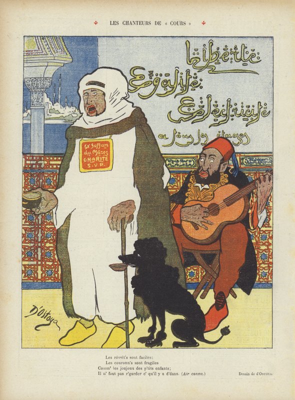 Satiiri, joka kuvaa syrjäytettyä marokon sulttaani Abdelazizia ja ottomaanien sulttaani Abdul Hamid II. tekijältä Georges d 1878 1937 Ostoya