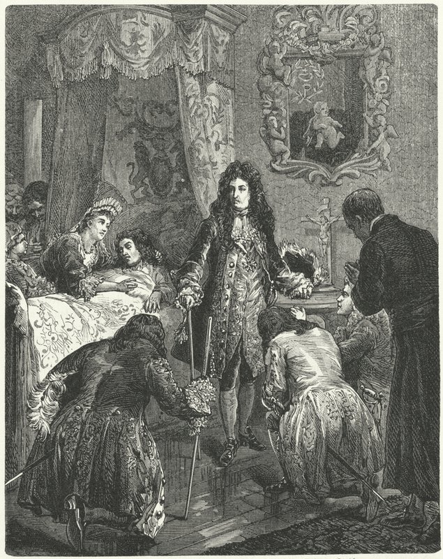 Ranskalainen Louis XIV vierailee Englannin Jaakob II:n luona tämän kuolinvuoteella, 1701 tekijältä German School