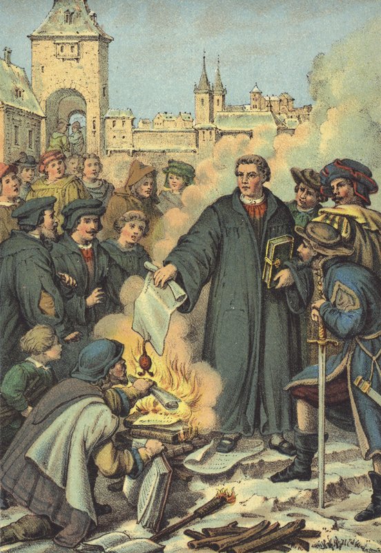 Luther sytytti tuleen paavin bullat Wittenbergissä 10. joulukuuta 1520 tekijältä German School