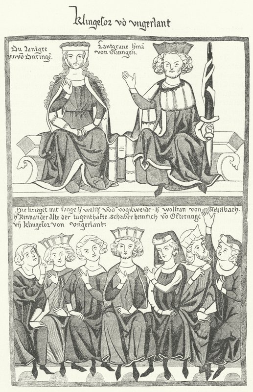 Kuvaus Sangerkriegistä, minstrelien kilpailusta Wartburgin linnassa Thüringenissä vuonna 1207, Codex Manessesta (kaiverrus) tekijältä German School
