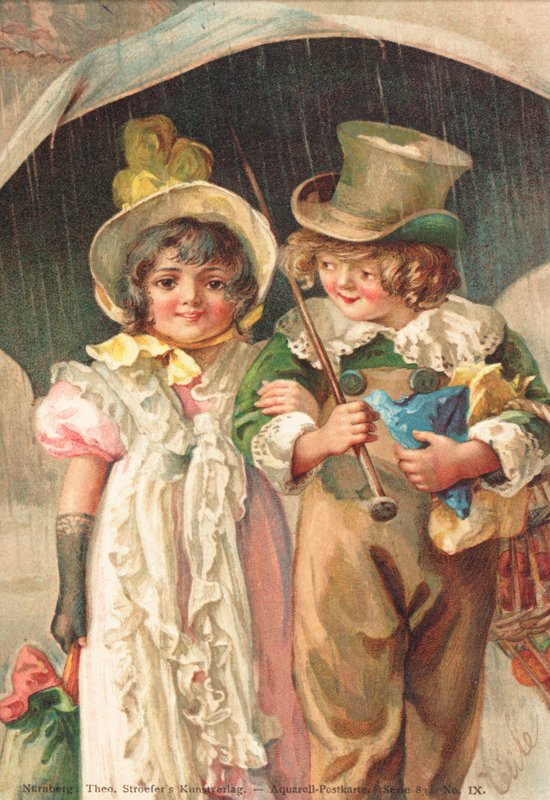 Nuori poika kävelee käsi kädessä nuoren tytön kanssa (väri litho) tekijältä German School