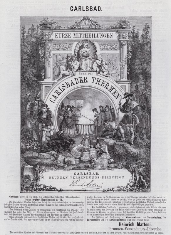 Mainos Mattonin kivennäisvedestä ja muista tuotteista Carlsbadissa (Karlovy Vary), Bohemia (kaiverrus) tekijältä German School