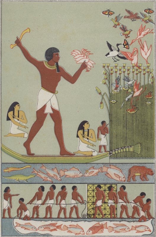 Muinaiset egyptiläiset kalastavat ja metsästävät lintuja (väri litho) tekijältä German School
