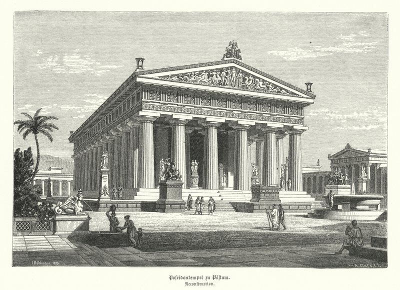 Muinainen kreikkalainen Heran temppeli, Paestum, Italia, jonka luuli aiemmin virheellisesti omistetun Poseidonille (kaiverrus) tekijältä German School