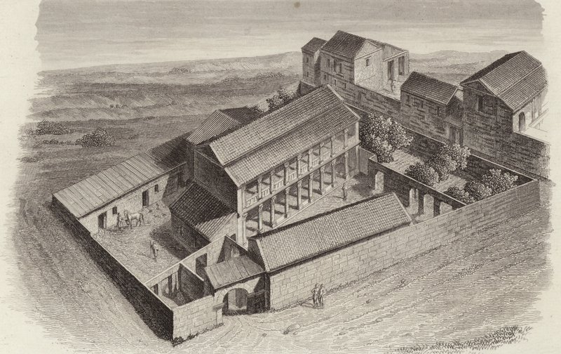 Muinaiset kreikkalaiset talot Moudlejassa, Syyriassa. Kuva Bilder-Atlasista (kaiverrus) tekijältä German School