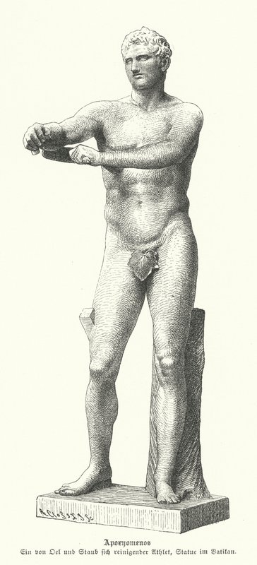 Apoxyomenos, urheilijan patsas, joka raapii hikeä ja pölyä vartalostaan strigilillä (kaiverrus) tekijältä German School