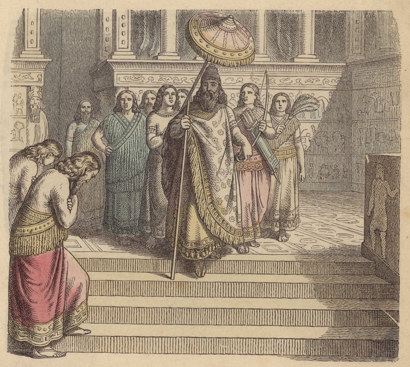 Assyrian kuningas ja hänen seurueensa (värillinen kaiverrus) tekijältä German School