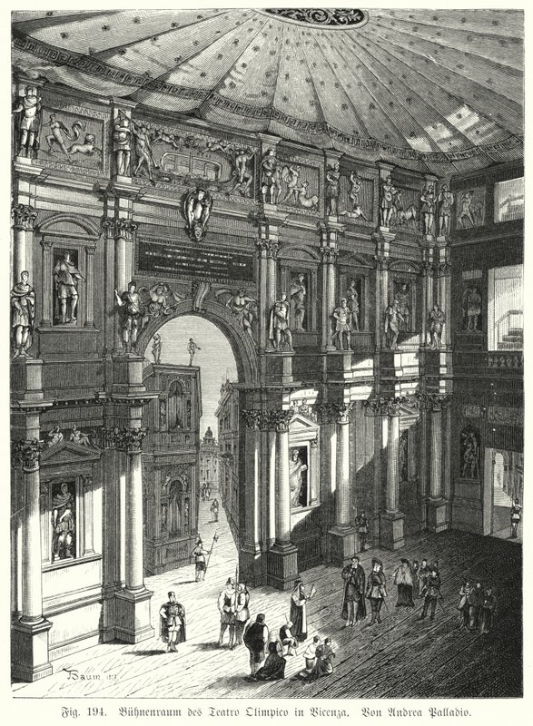 Teatro Olimpicon auditorio ja näyttämö, Piacenza, Italia, suunnitellut Andrea Palladio (kaiverrus) tekijältä German School