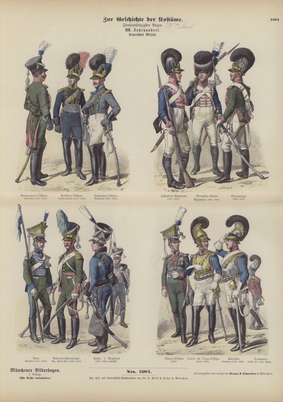Baijerin armeijan univormut, 1800-luvun alku (värillinen kaiverrus) tekijältä German School