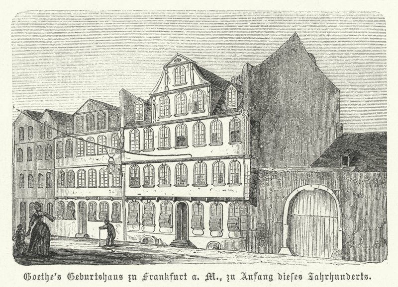 Saksalaisen kirjailijan Johann Wolfgang von Goethen syntymäpaikka, Frankfurt-am-Main, 1800-luvun alku (kaiverrus) tekijältä German School