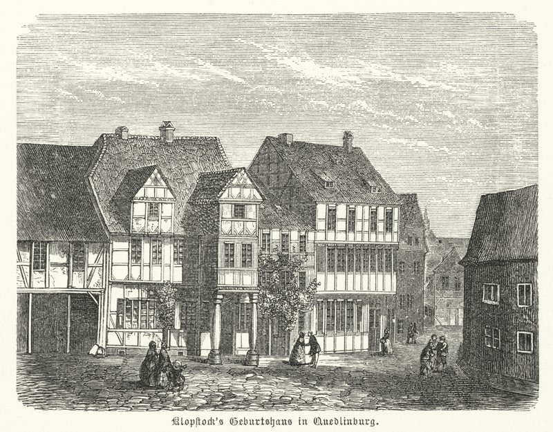 Runoilija Friedrich Gottlieb Klopstockin syntymäpaikka Quedlinburg, Saksa (kaiverrus) tekijältä German School