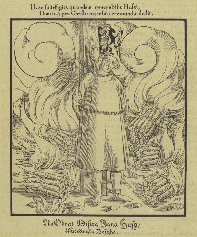 Boheemi kristitty uudistaja Jan Hus poltetaan roviolla, Konstanz, 6. heinäkuuta 1415 tekijältä German School