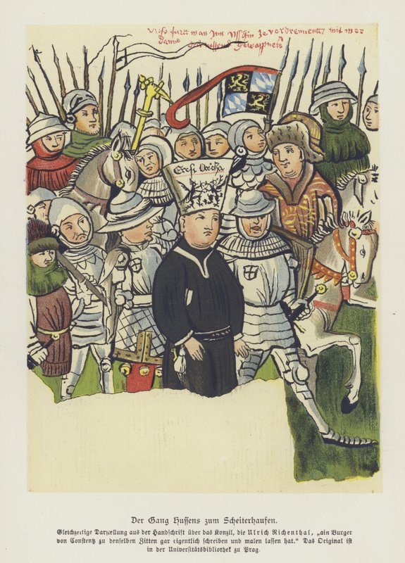 Boheemi kristitty uudistaja Jan Hus viedään teloitukseensa, Konstanz, 6. heinäkuuta 1415 (värilitho) tekijältä German School