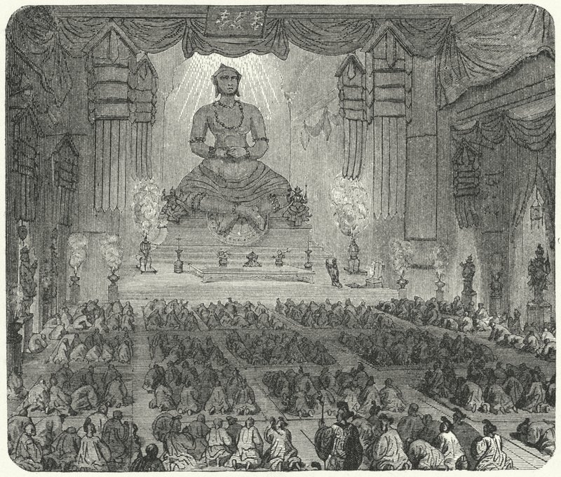 Buddhalaiset palvovat luostarissa Pekingissä (kaiverrus) tekijältä German School