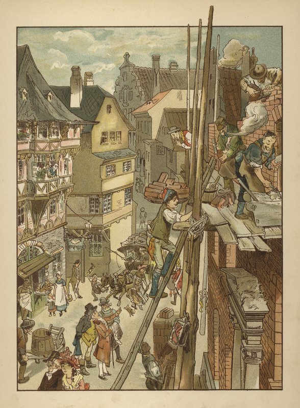 Rakentajat talon parissa (väri litho) tekijältä German School
