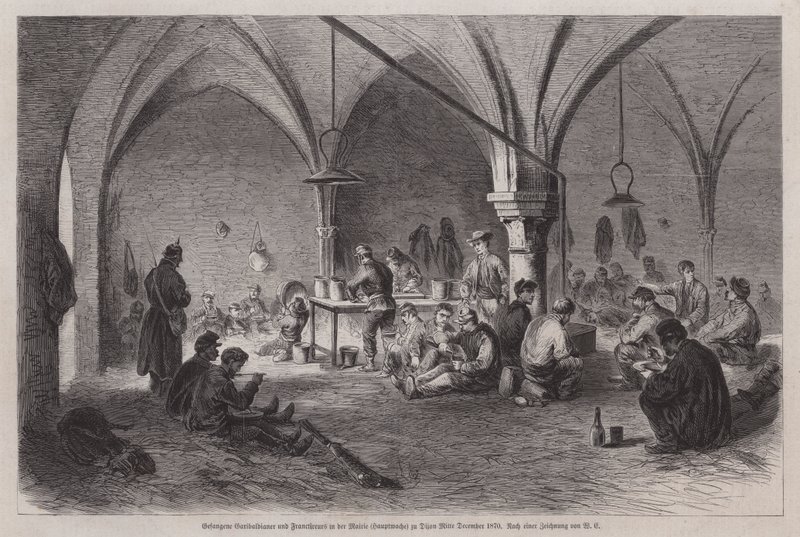 Vangitut garibaldilaiset ja ranskalaiset frangirenkaat Dijonin kaupungintalossa, Ranskassa, Ranskan ja Preussin sodassa, joulukuun puolivälissä 1870 (kaiverrus) tekijältä German School
