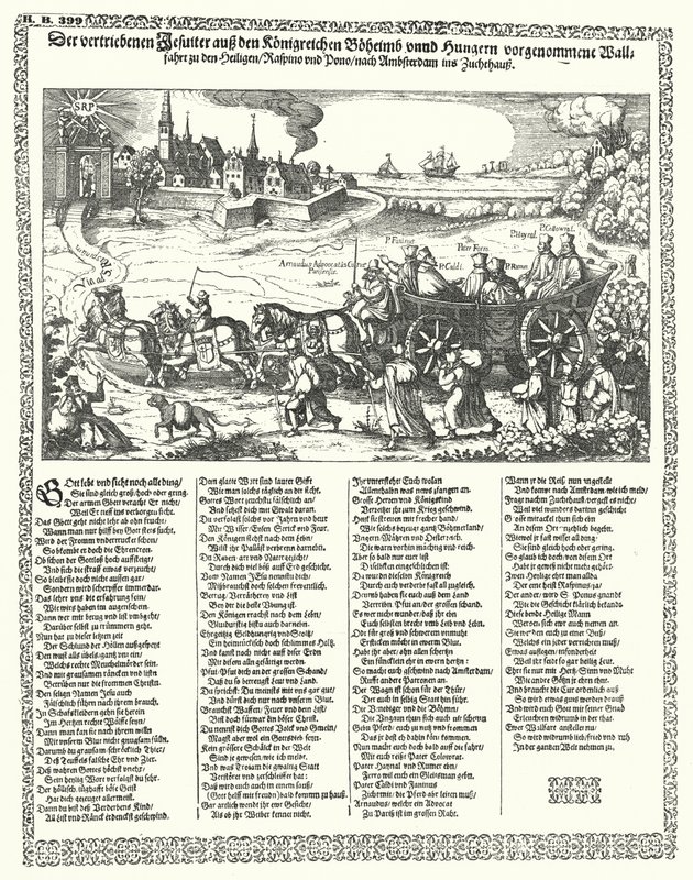 Sarjakuva, joka kuvaa jesuiittoja, jotka karkotettiin Böömistä ja Unkarista vuonna 1620 kolmikymmenvuotisen sodan alkaessa (kaiverrus) tekijältä German School
