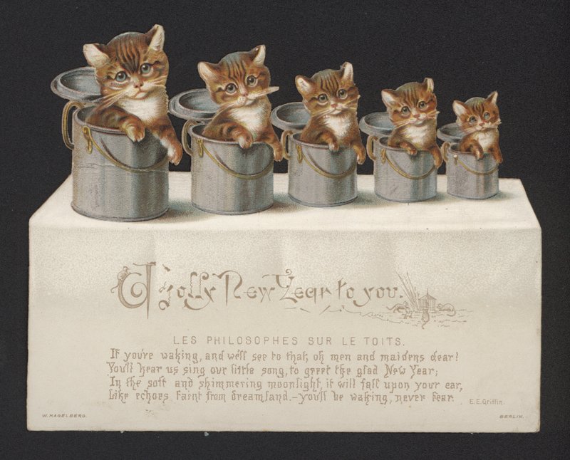 Kissat ämpärissä, uudenvuoden onnittelukortti (chromolitho) tekijältä German School