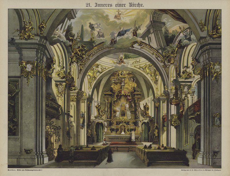 Kirkon sisustus (väri litho) tekijältä German School