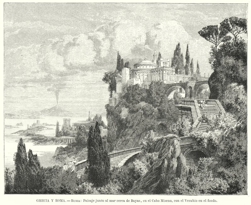 Napolinlahden rantaviiva antiikin roomalaisesta Baiaen kaupungista, Kap Misenosta, Vesuvius kaukaa (litho) tekijältä German School