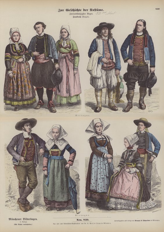 Bretagnen puvut, 1800-luvun loppu (värillinen kaiverrus) tekijältä German School