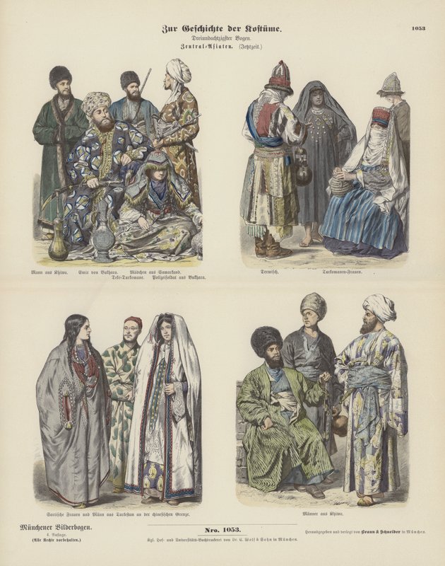 Keski-Aasian puvut, 1800-luvun loppu (värikaiverrus) tekijältä German School