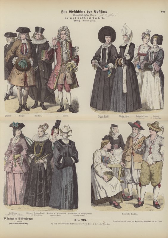 Sveitsin Zürichin kantonin puvut, 1700-luvun alku (värillinen kaiverrus) tekijältä German School