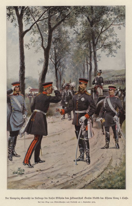 Saksan kruununprinssi Frederick palkitsee kenttämarsalkka Helmuth von Moltken rautaristin isänsä keisari Wilhelm I:n puolesta (värilitho) tekijältä German School